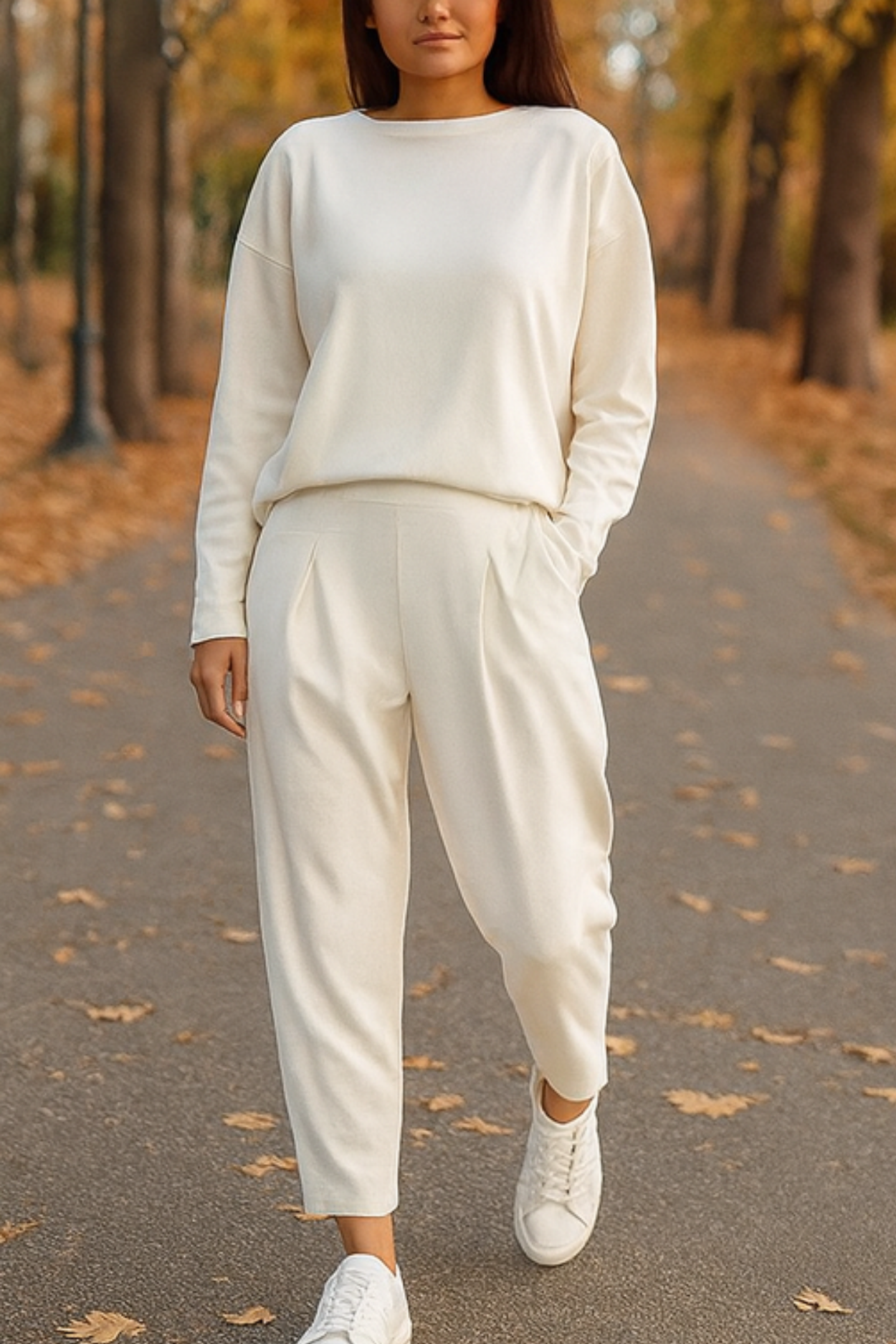 Alie Two-Piece Set with Round Neck & Long Sleeves - White