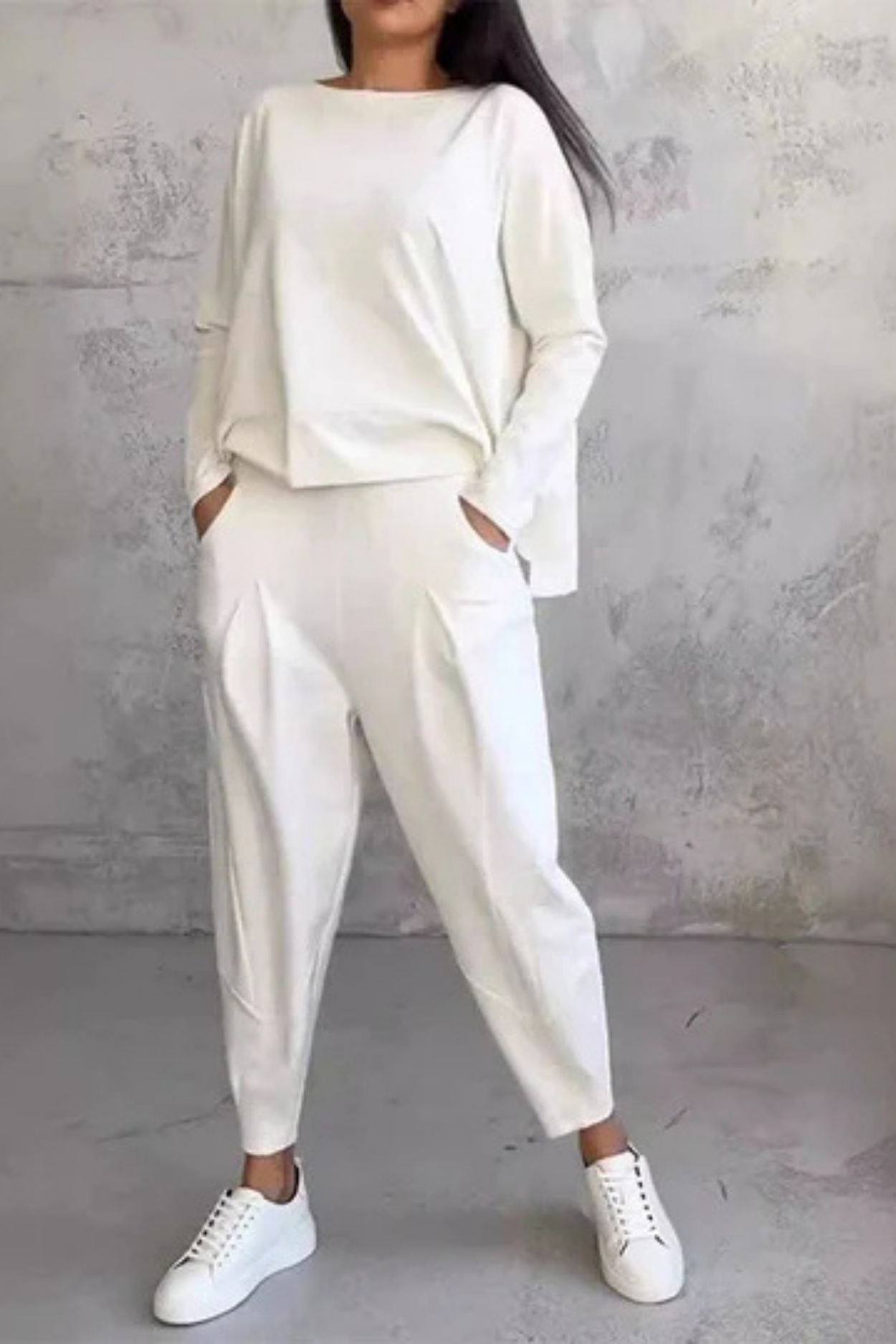 Alie Two-Piece Set with Round Neck & Long Sleeves - White