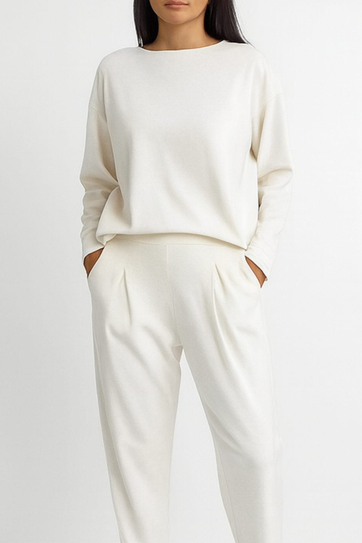 Alie Two-Piece Set with Round Neck & Long Sleeves - White
