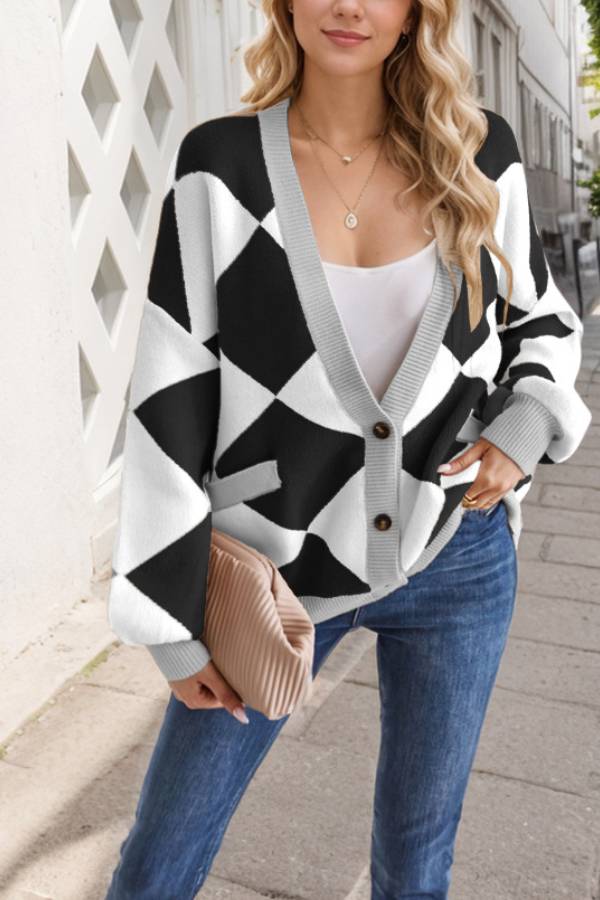 WW | Hals Diamantstich Kontrastfarbe Lockere Gestrickte Cardigan Jacke für Frauen