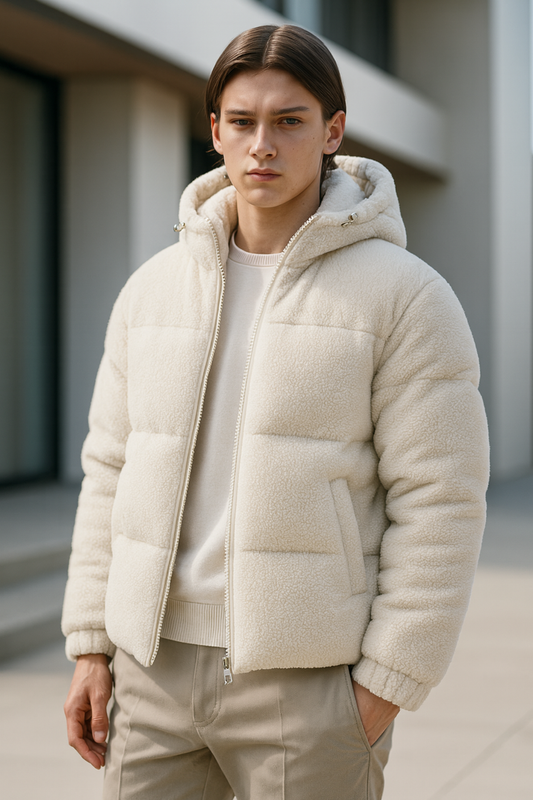 Kareem | Sherpa Down Jacket with Hood Light Beige