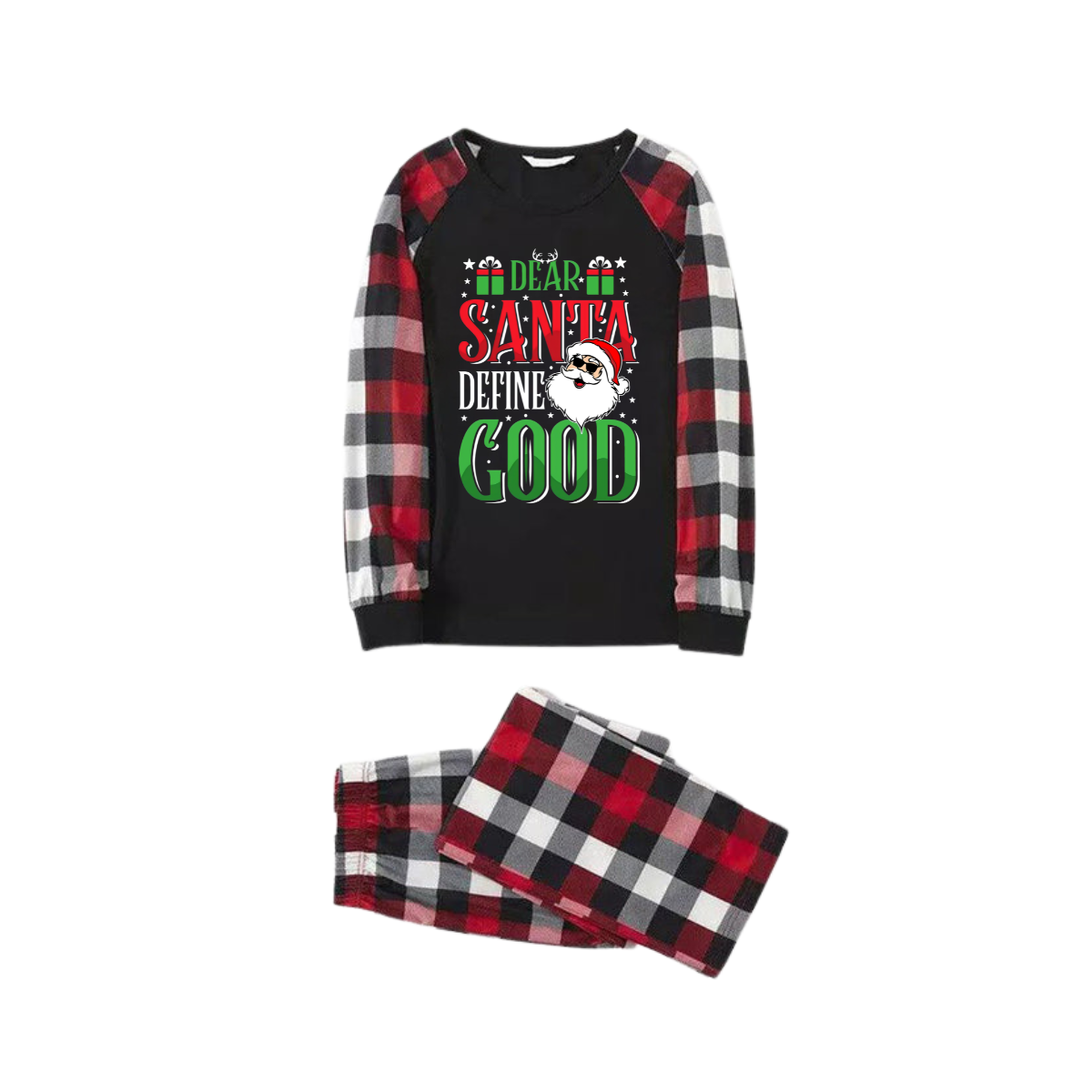 WW | "Dear Santa, Define Good" Slogan Printed Red&Black&White Plaid Matching Pajamas