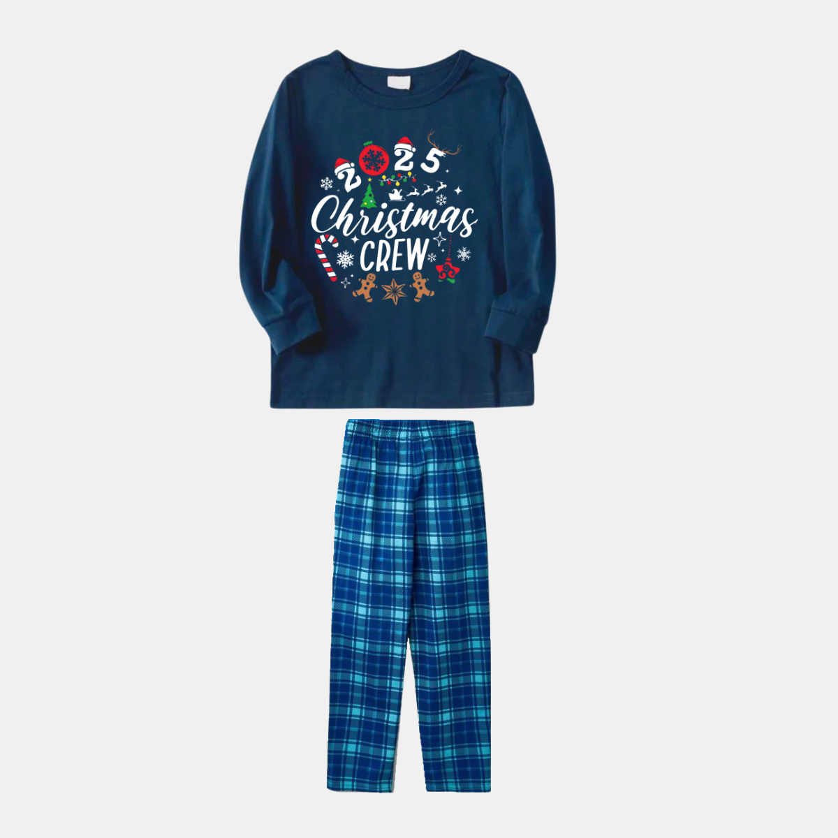 WW | 2025 Weihnachten Crew Erinnerungen Gemeinsam Machen Textdruck Blau Langarmoberteil Mit Blauem Karomuster Familienpassenden Schlafanzügen