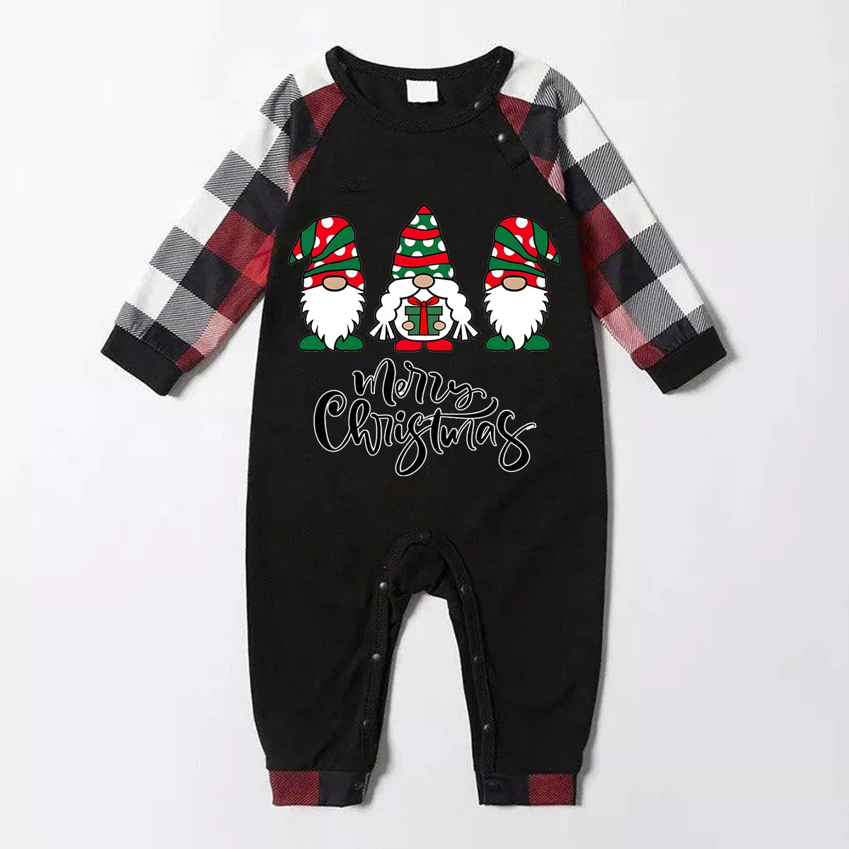 WW | Merry Christmas Sweet Gnome Print Casual Long Sleeve Sweatshirts Contrast Tops and Red & Black & White Plaid Pants Family Matching Pajama Set with Dog Bandana