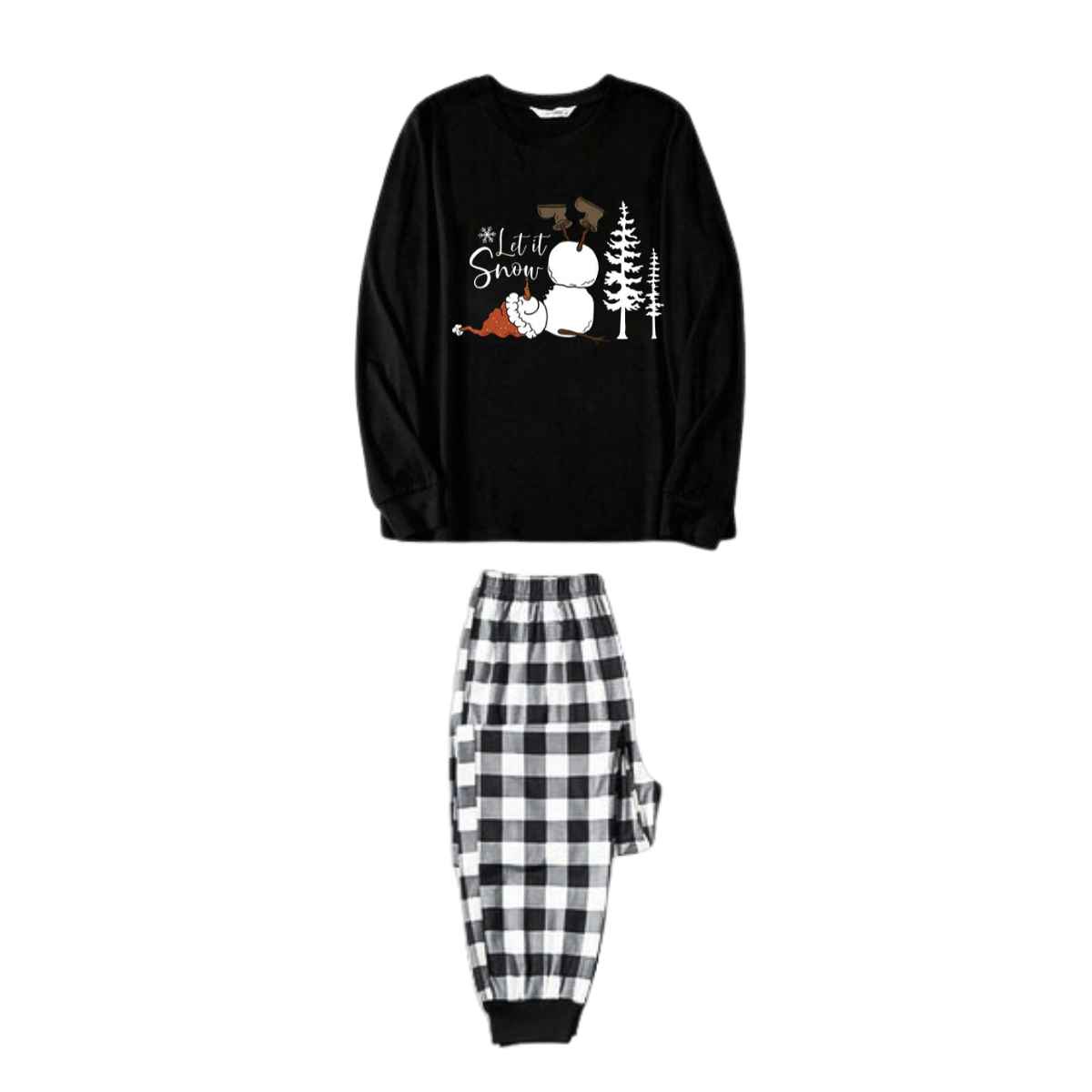 WW | Couple Black and White Plaid Matching Pajamas "Let it Snow" Text and Snowman Prints