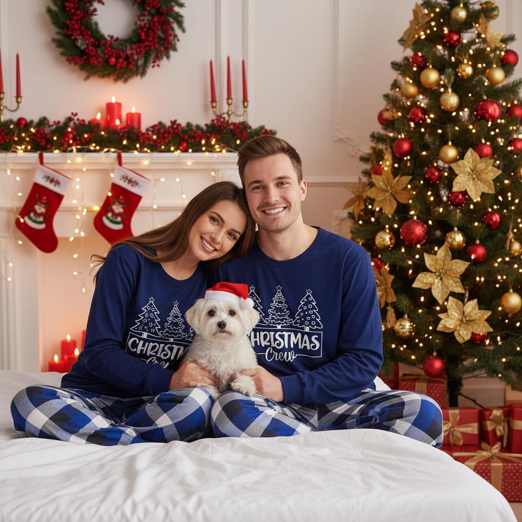 WW | "Christmas Crew" und Bäume Blau Lange Ärmel mit Blau Karierte Paar passende Pyjamas