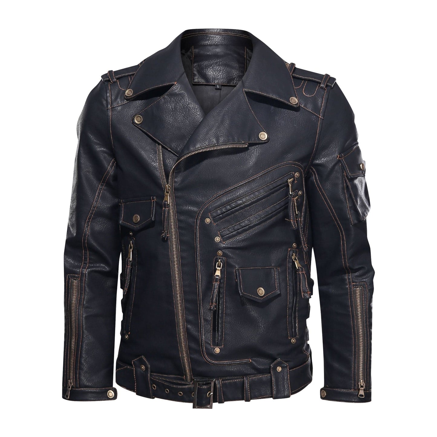 WW | Lederjacke Biker Stil Asymmetrischer Reißverschluss Gürtel in Der Taille Mehrere Taschen
