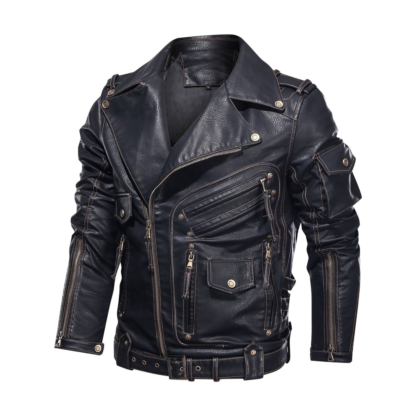 WW | Lederjacke Biker Stil Asymmetrischer Reißverschluss Gürtel in Der Taille Mehrere Taschen