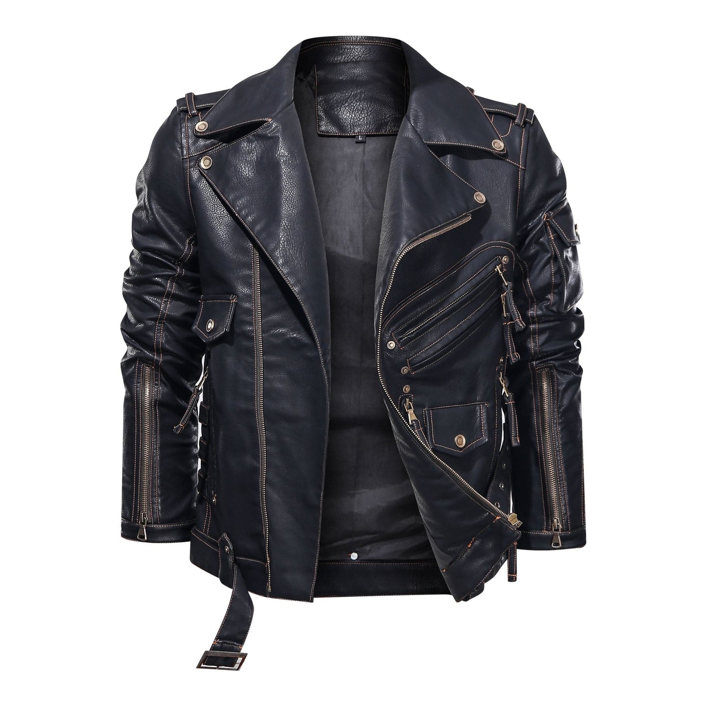 WW | Lederjacke Biker Stil Asymmetrischer Reißverschluss Gürtel in Der Taille Mehrere Taschen