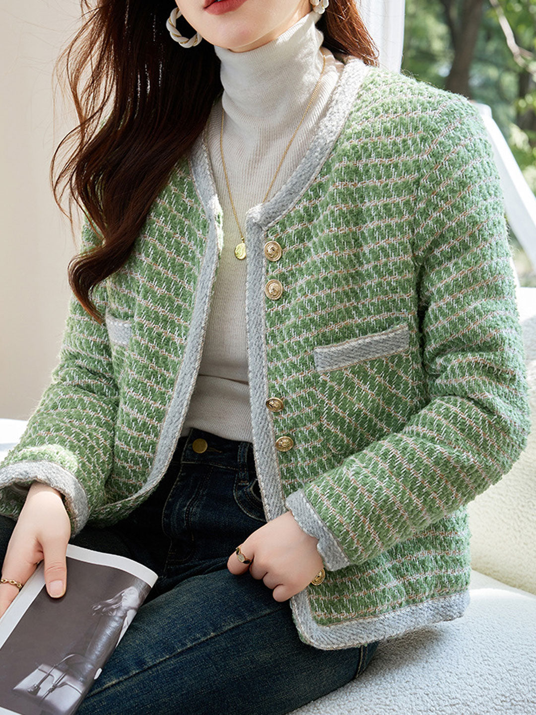 WW | Klassische Rundhalsgarnknopf-Tweedjacke