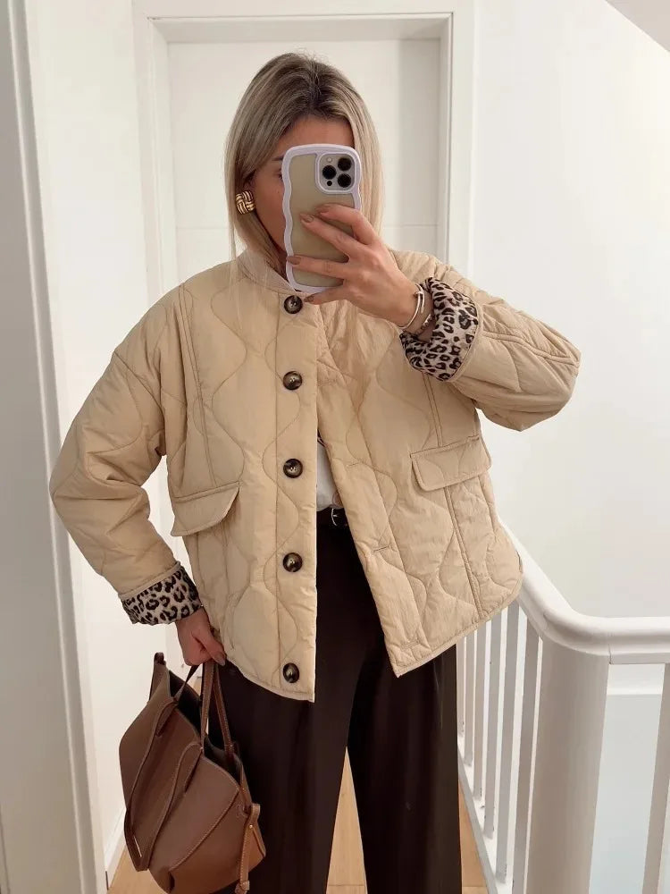 WW | Quilted padded jacket for women with leopard print lining