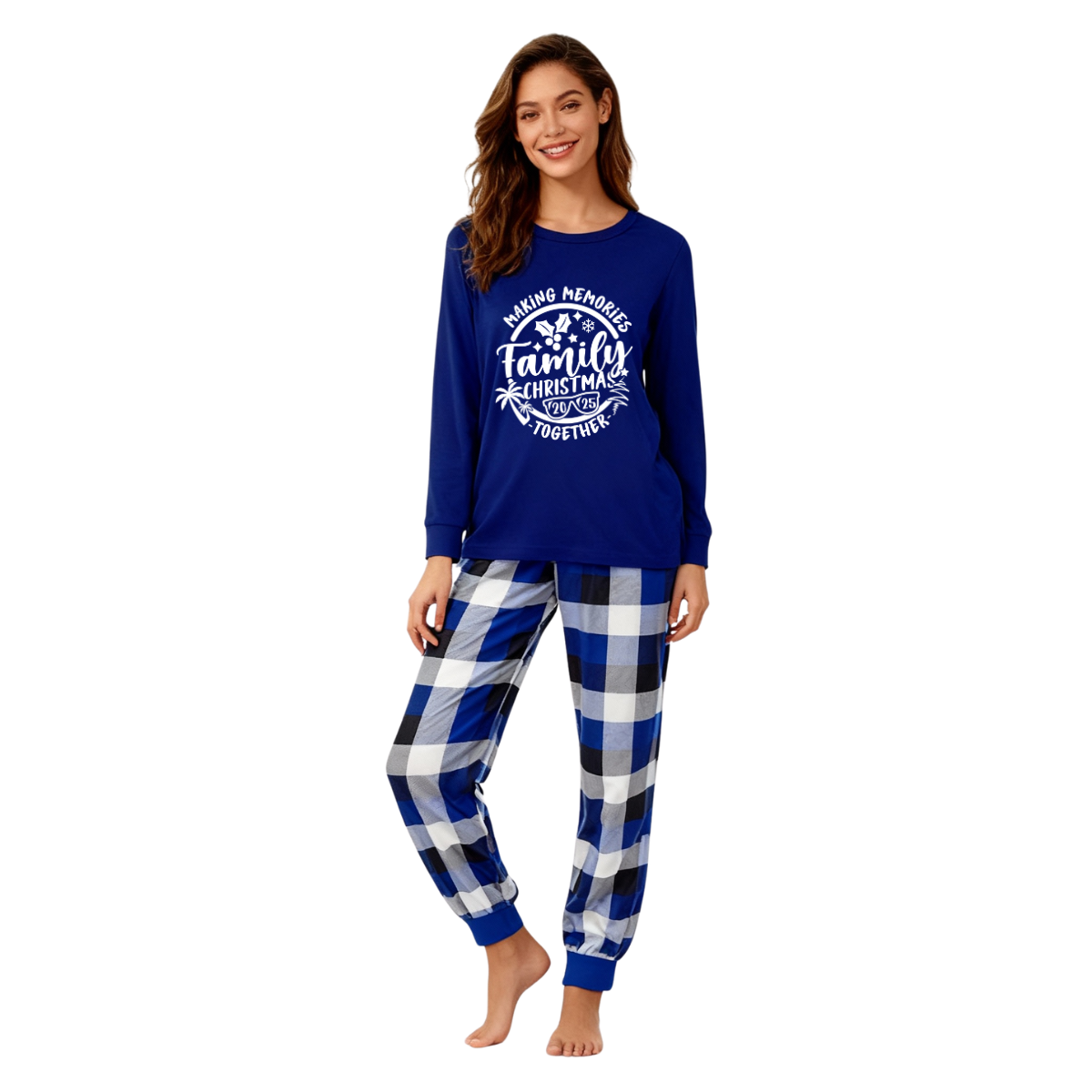 WW | "2025 Family Christmas Memories in the Making" Printed Blue and White Plaid Family Matching Pajamas