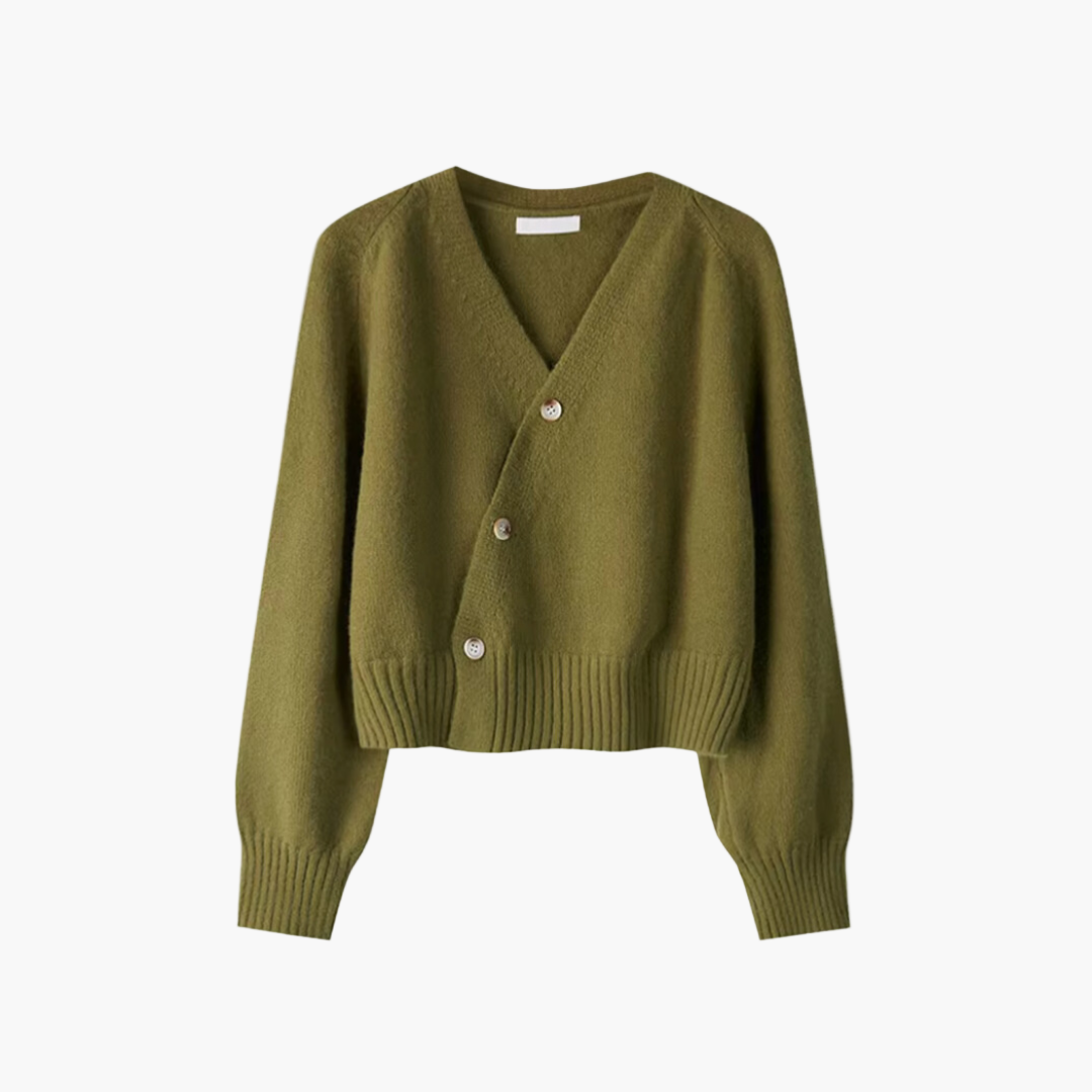 WW | Strickjacke mit V-Ausschnitt und schräger Knopfleiste - Moderner Cardigan für Alltag und Büro