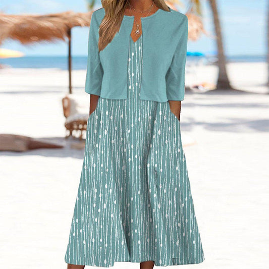 Unique midi dress with blue botanical pattern and jacket