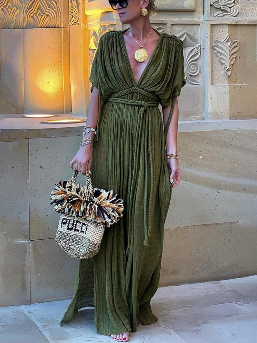 Kimono – Draped Maxi Dress with Braided Details and Slit as a Cover-Up