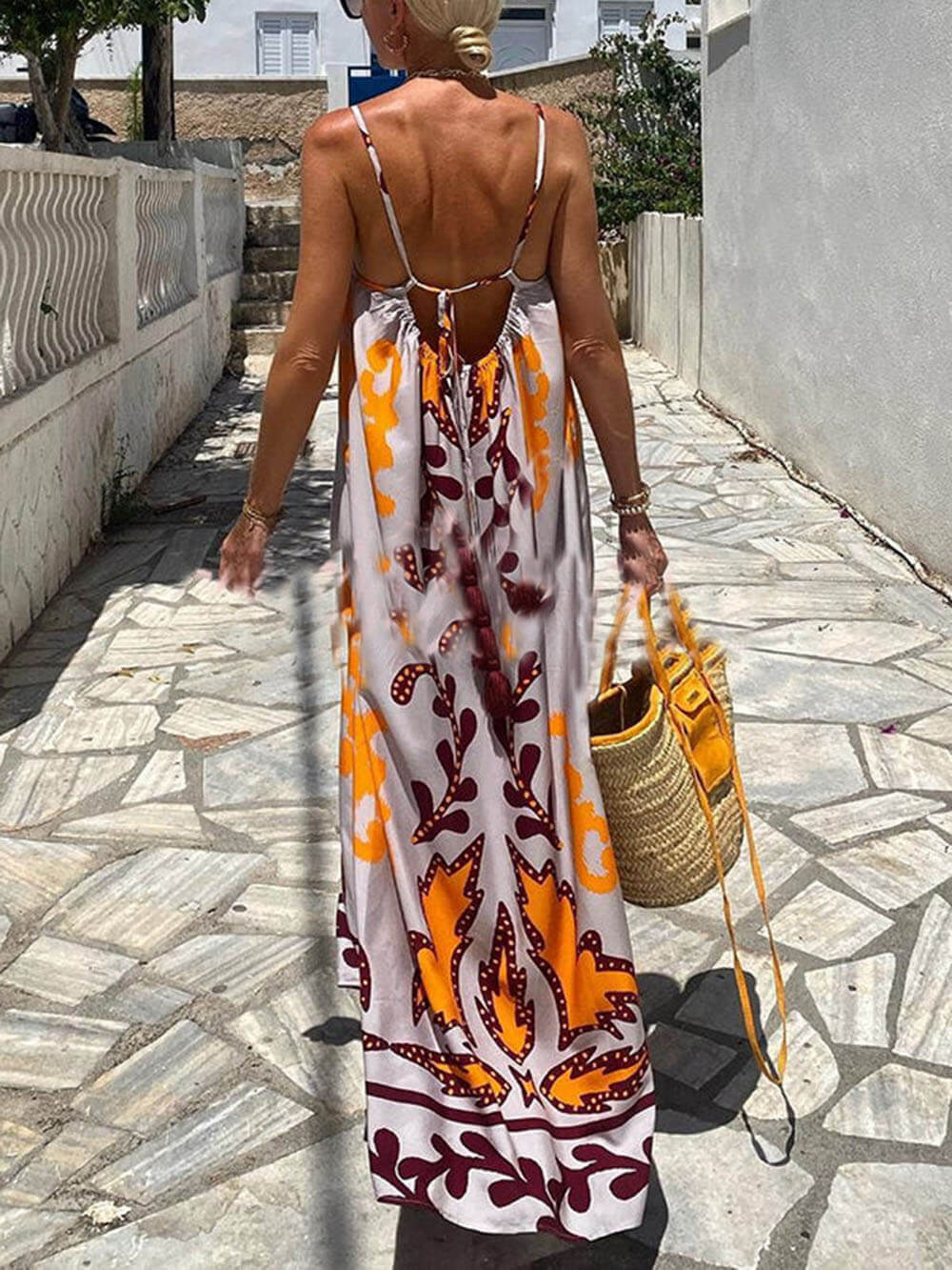 Loose-fitting ethnic print strappy maxi dress
