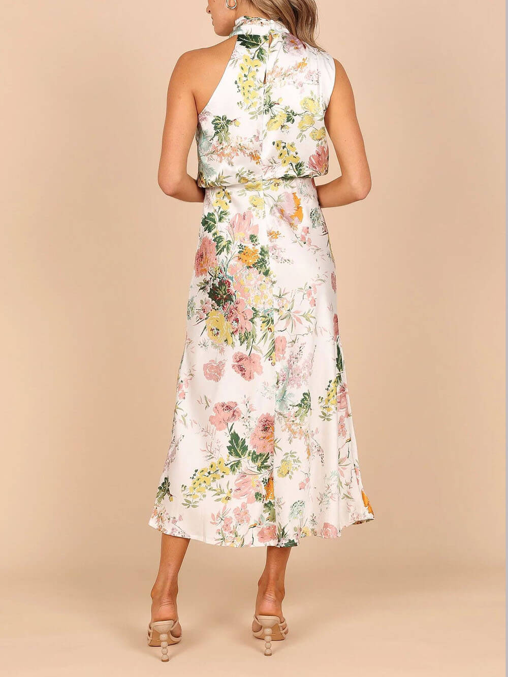 Maxi dress with halterneck, floral pattern, and elasticated waist