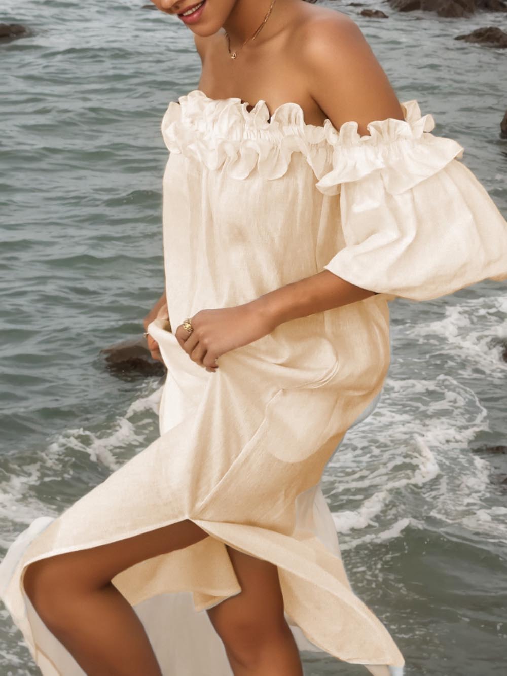 Ruffled Off-Shoulder Dress with Puff Sleeves, Pockets, and Midi Length