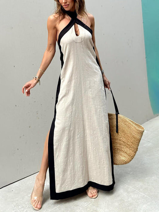 Halterneck maxi dress with slit and color block design