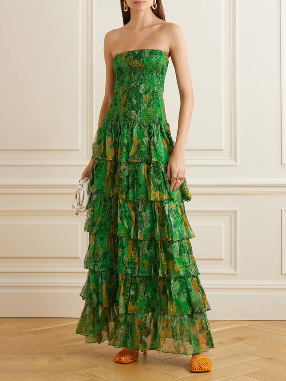 Off-the-shoulder, multi-layered floral bandeau maxi dress