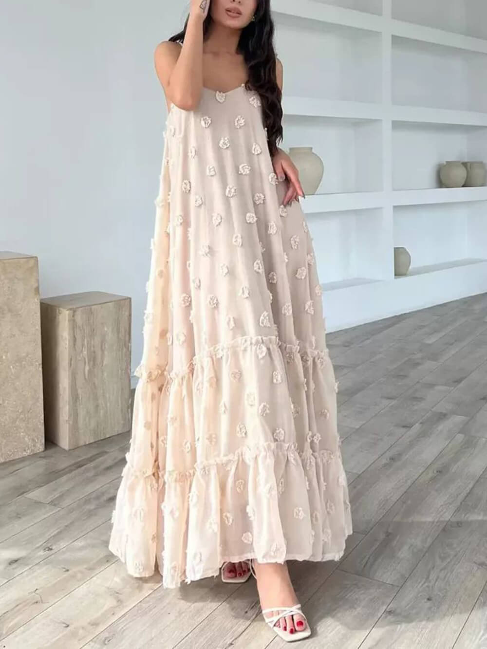 Blumendekor hübsches A-Linien, gestuftes, lockeres Maxikleid