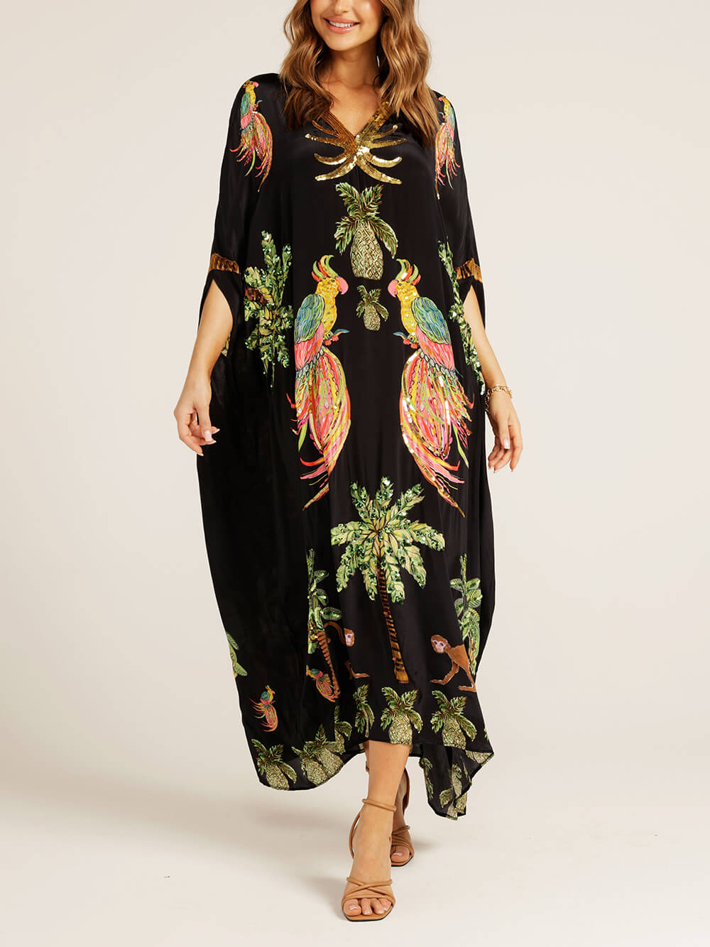 Unique Dress with Overlapping Sleeves and Coconut Palm Print