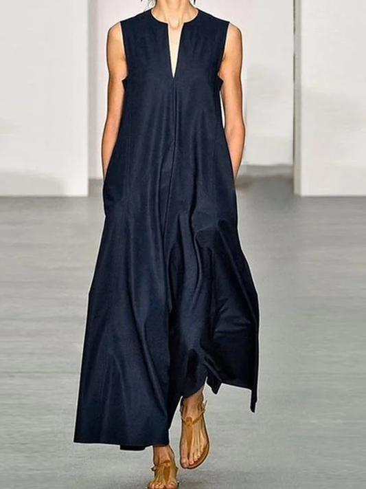 WW | Women's Long Sleeveless Solid V-Neck Fashion Dress