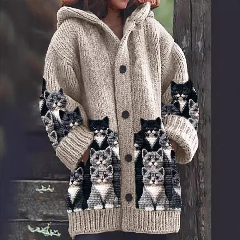 WW | Cozy Knitted Cat Print Cardigan