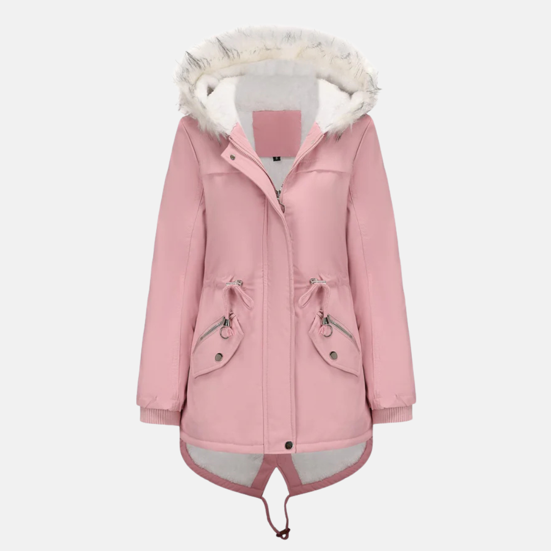 WW | Medium Length Windproof Water-Repellent Waist Drawstring Faux Fur Hood