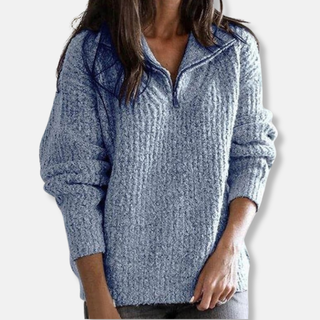 WW | Geripptes Halb-Reißverschluss-Kragenpullover - Solider Lässiger Schnitt Pullover