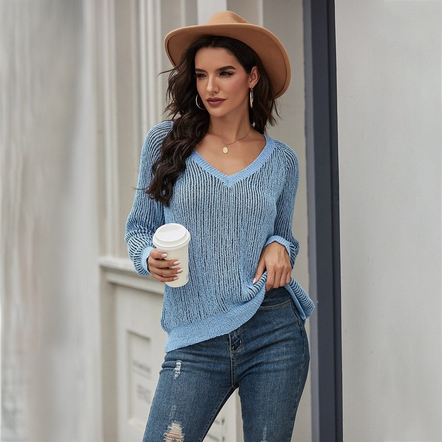 WW | Strickpullover - Lockere Passform - V-Ausschnitt - Rippstruktur - Lange Ärmel