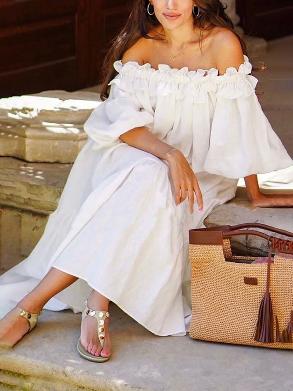 Ruffled Off-Shoulder Dress with Puff Sleeves, Pockets, and Midi Length