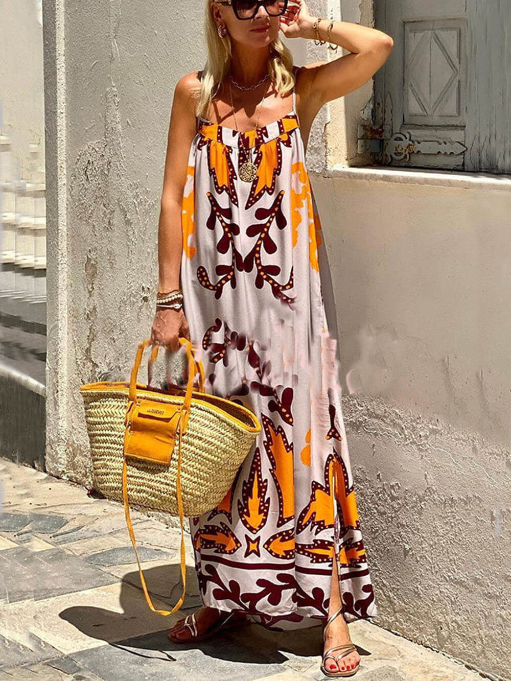 Loose-fitting ethnic print strappy maxi dress