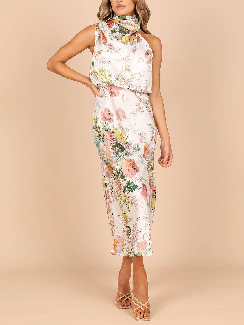 Maxi dress with halterneck, floral pattern, and elasticated waist