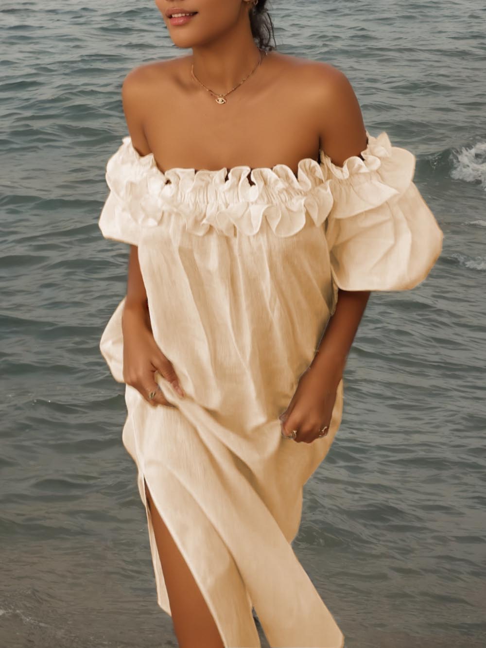 Ruffled Off-Shoulder Dress with Puff Sleeves, Pockets, and Midi Length