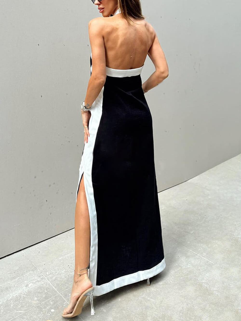 Halterneck maxi dress with slit and color block design