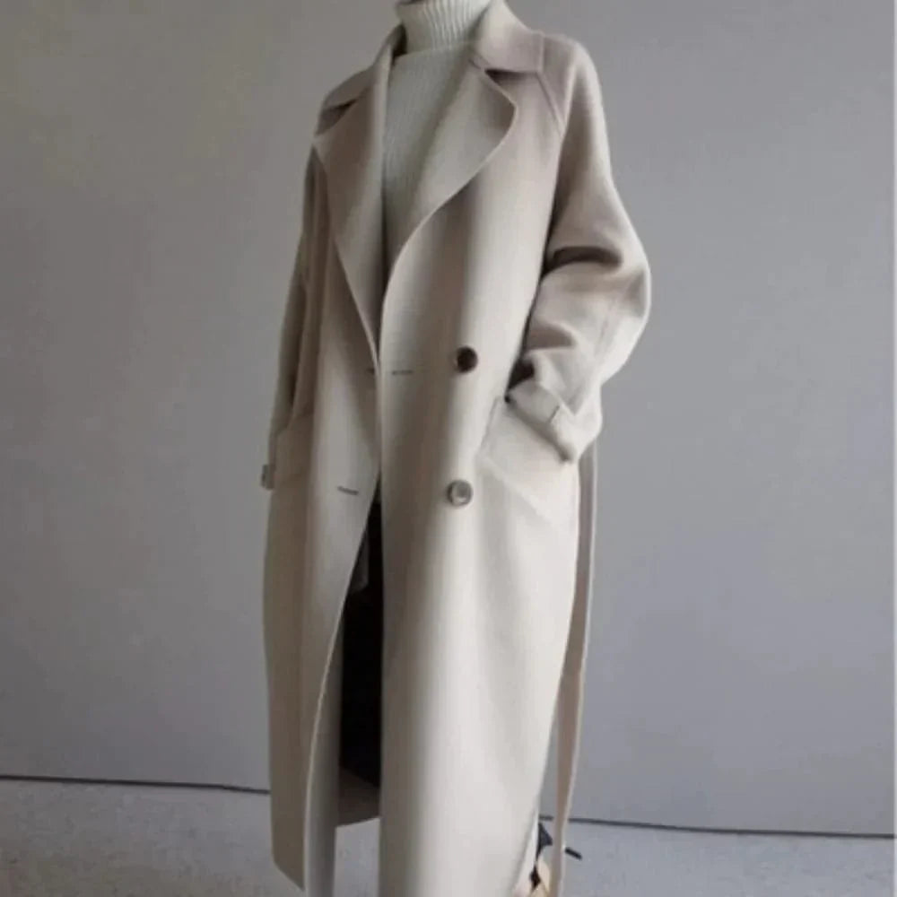 WW | Lange Wolljacke Klassische Passform Doppelreihig Mit Gürtel Elegantes Design