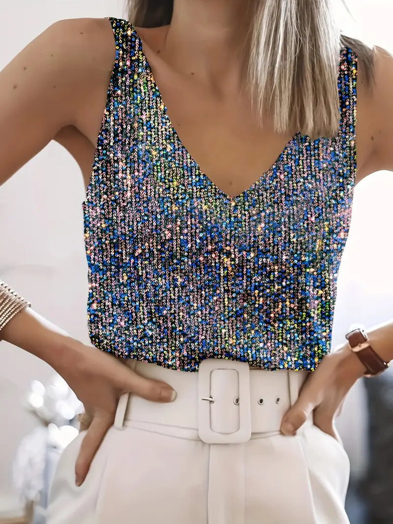 WW | Women's Glitter Sequin V-Neck Sleeveless Shirt Top For Women