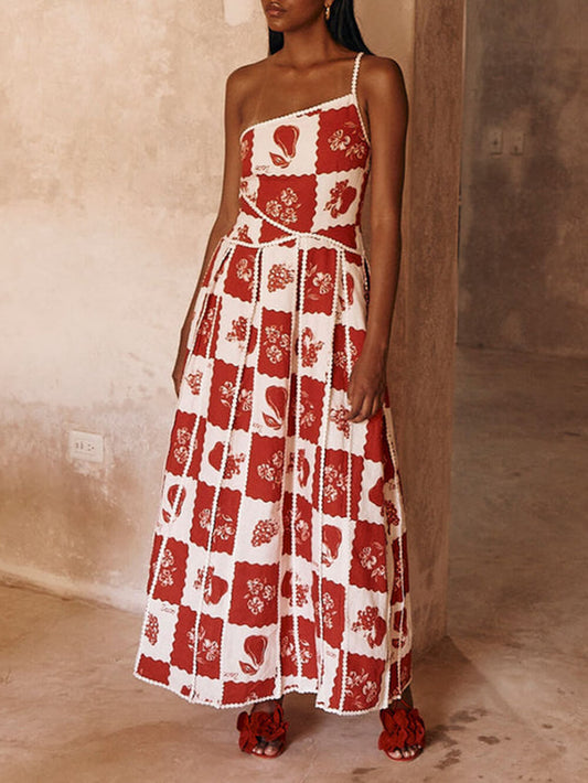 Unique, printed maxi dress with floral trim and one-sided flared cut