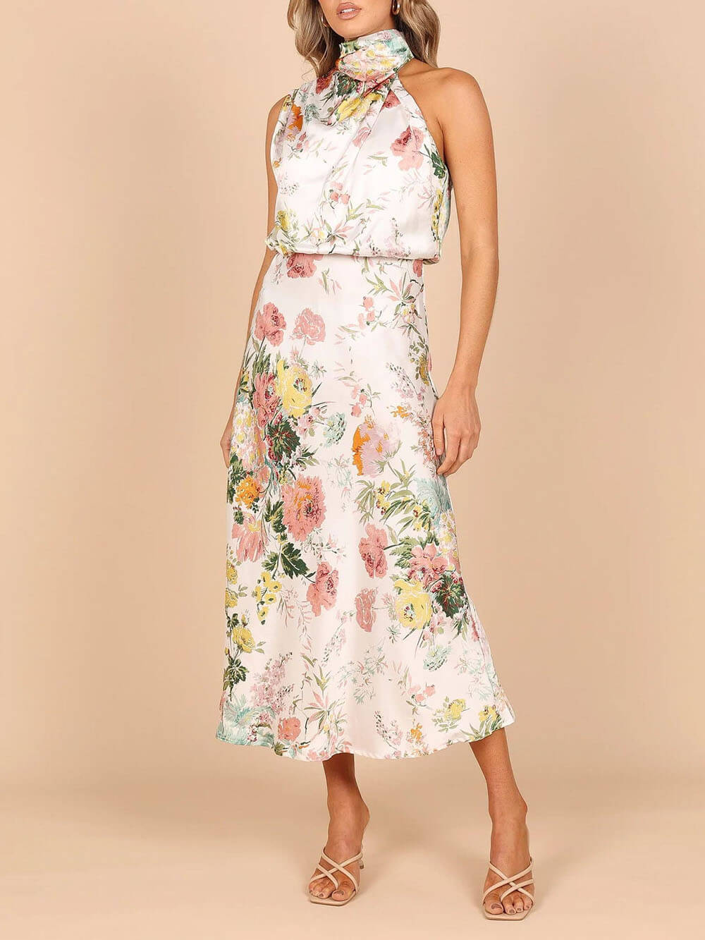 Maxi dress with halterneck, floral pattern, and elasticated waist