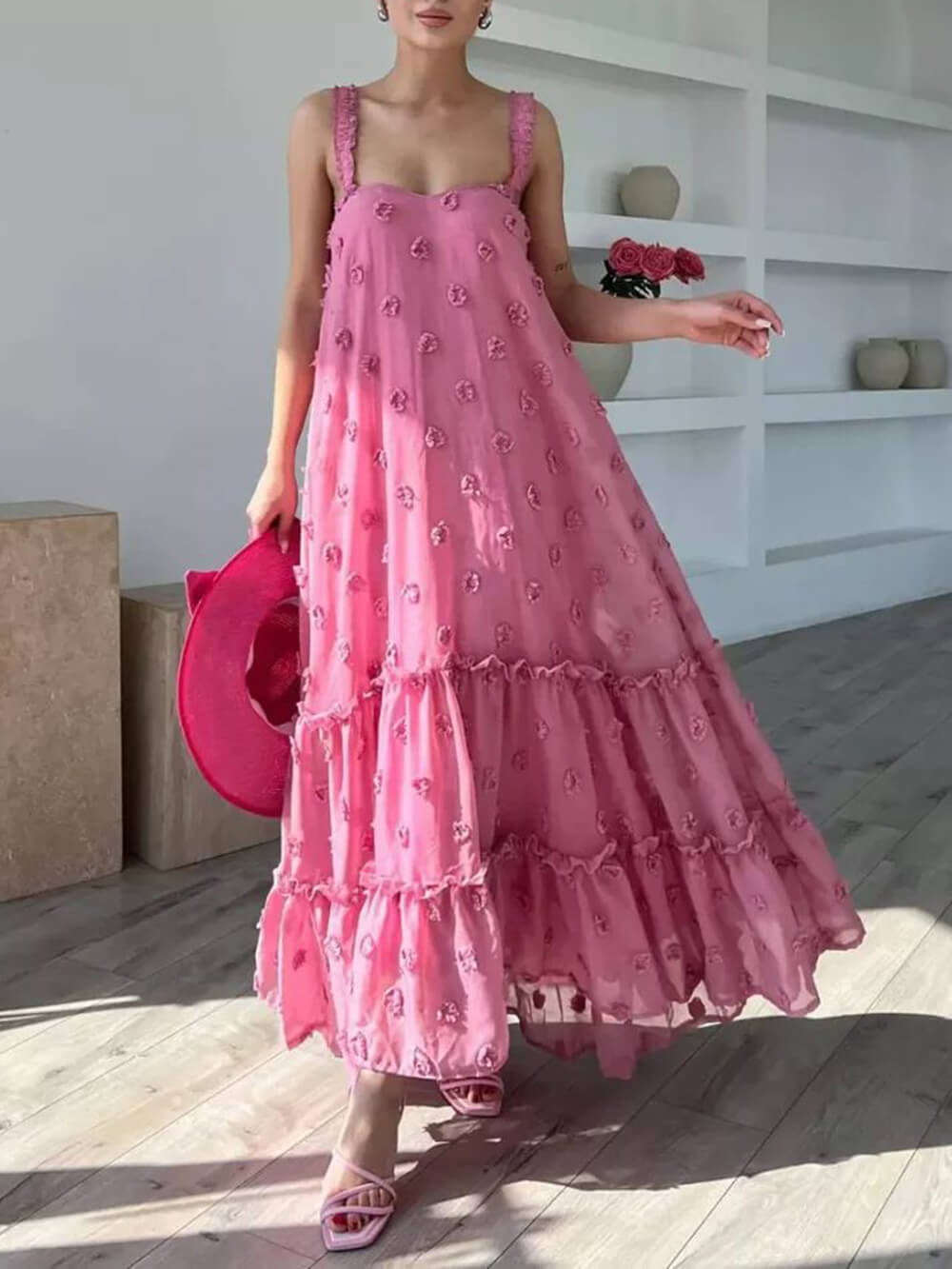 Blumendekor hübsches A-Linien, gestuftes, lockeres Maxikleid