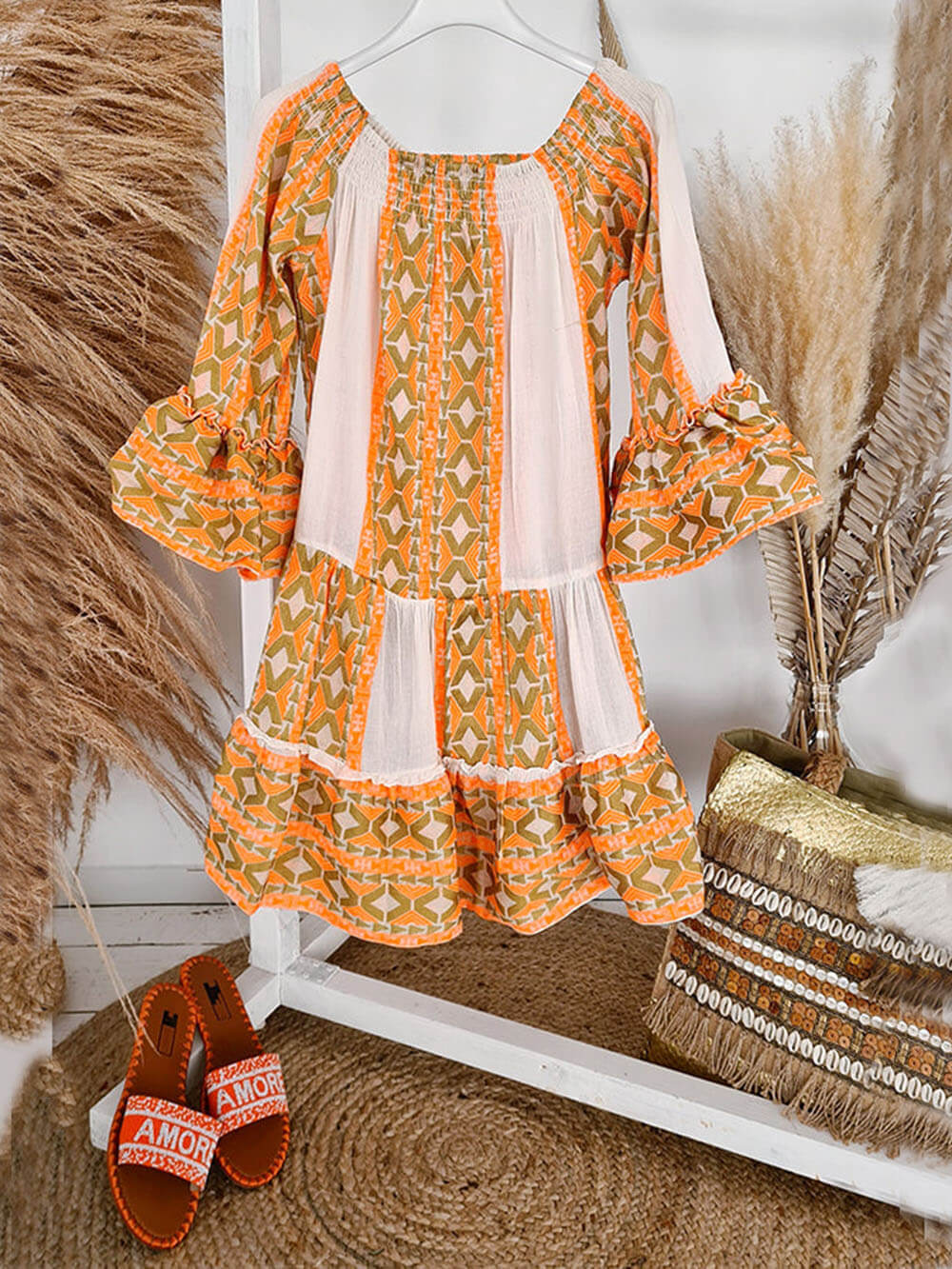 Mini dress with an ethnic pattern, linen blend fabric, off-the-shoulder and loose fit