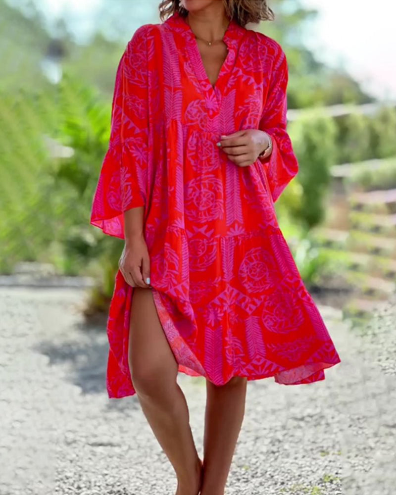WW | Kleid mit 3/4-Ärmeln und geometrischem Boho-Print