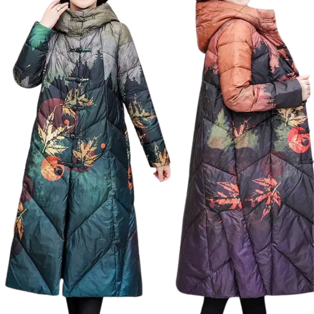 WW | Damen Lange Winter Puffermantel Blattdruck