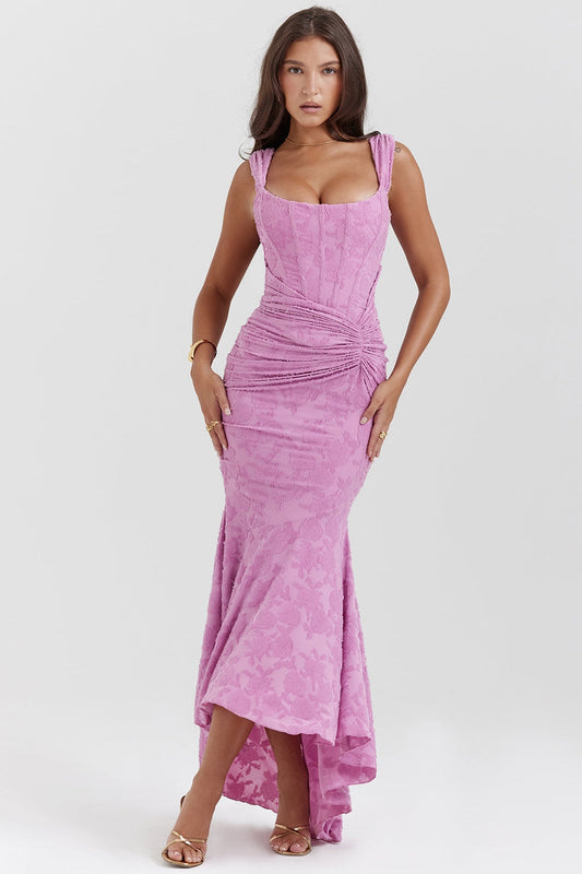 Elegant and sophisticated long dress with an asymmetrical skirt and adjustable straps