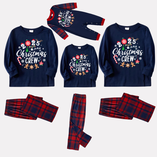 WW | "2025 Santa Crew" Text and Santa Hat Prints Blue Long Sleeve Top with Red and Blue Plaid Pants Christmas Matching Pajamas