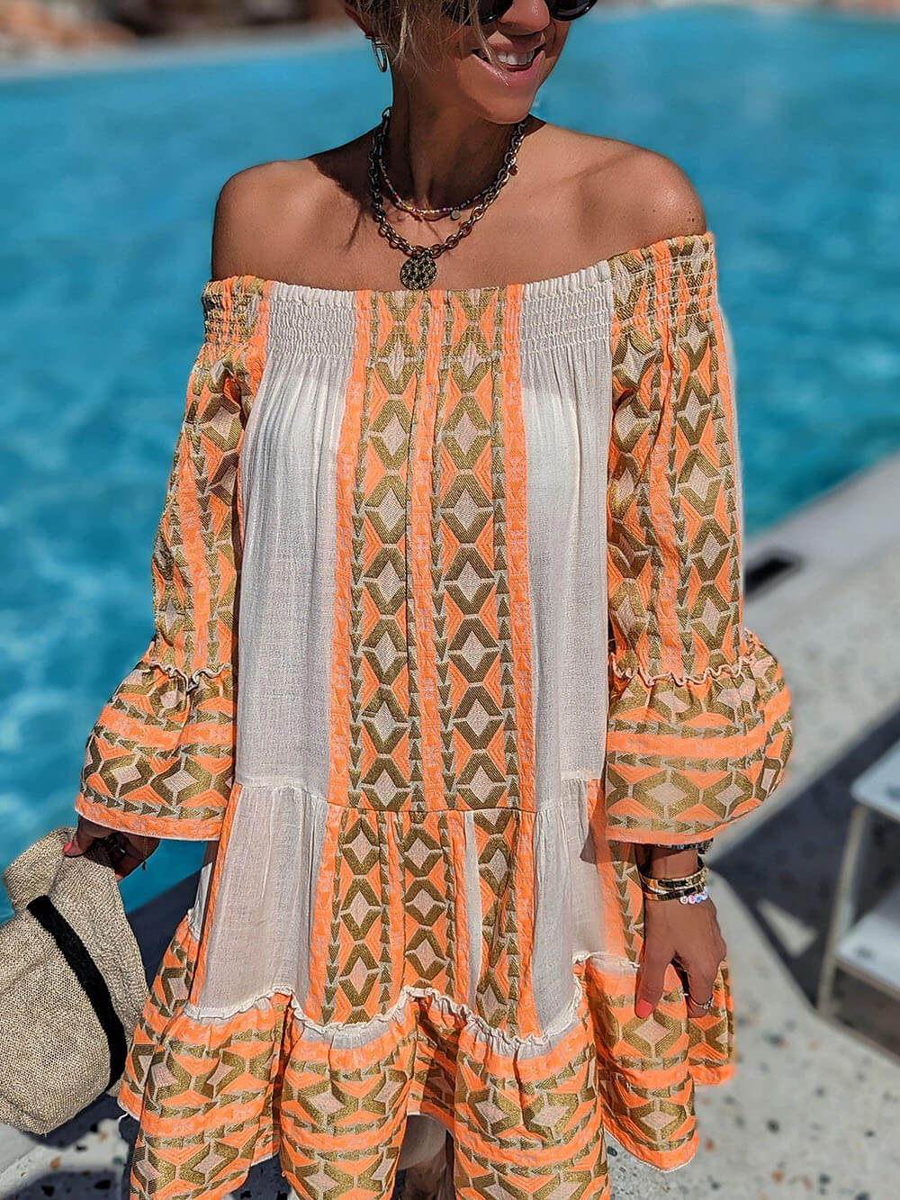 Joyce - Boho Mini Dress with Carmen Neckline
