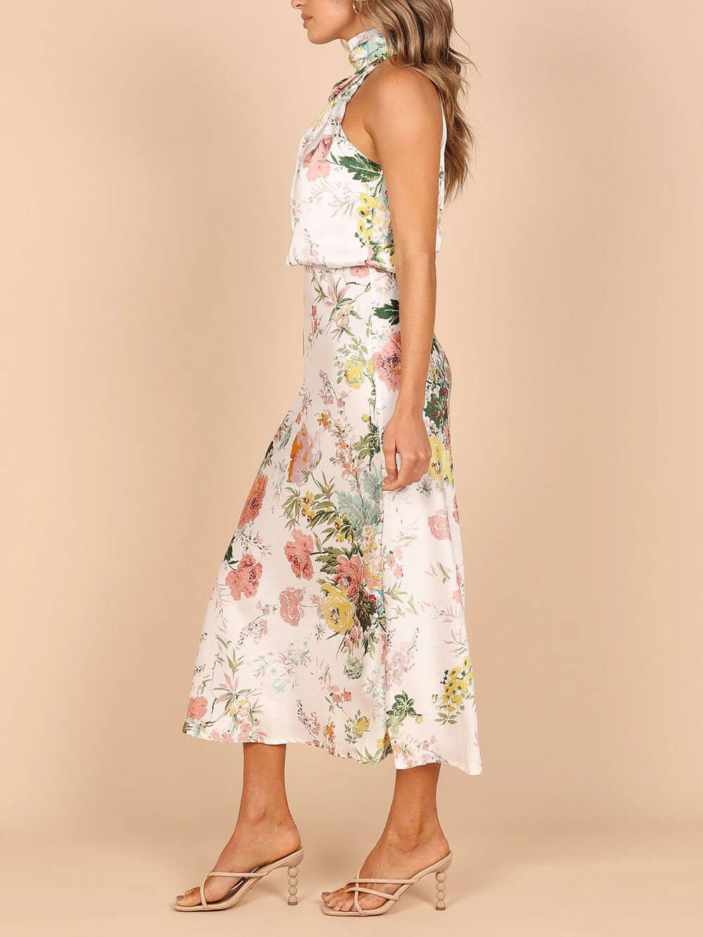 Maxi dress with halterneck, floral pattern, and elasticated waist