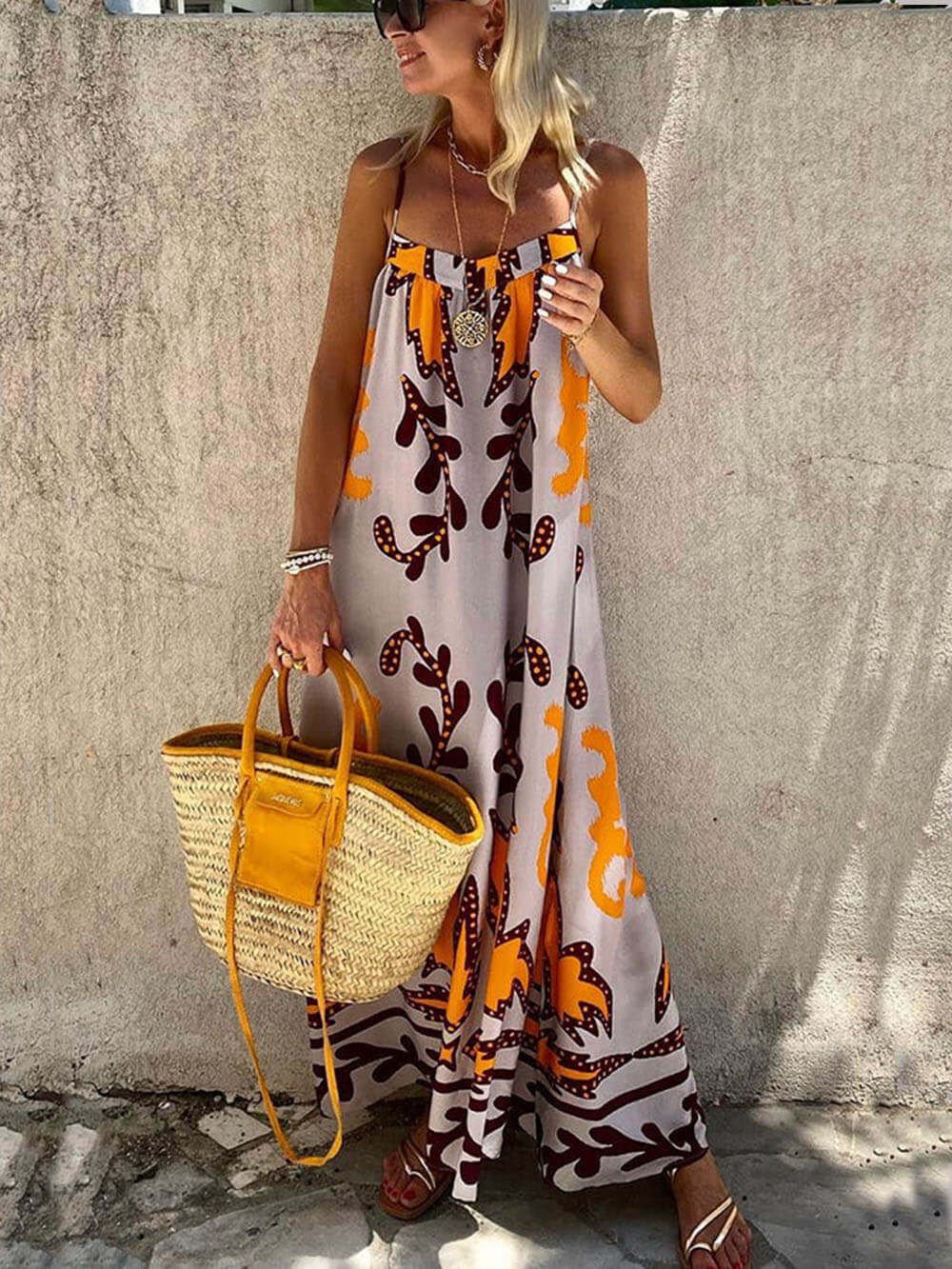 Loose-fitting ethnic print strappy maxi dress