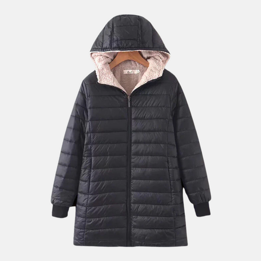 WW | Steppjacke mittellang Kapuze Fleece Futter Reißverschluss Rippbündchen